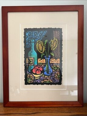 "Sunflowers" Original Linocut Linoleum Block Print Acrylic Painting Signed